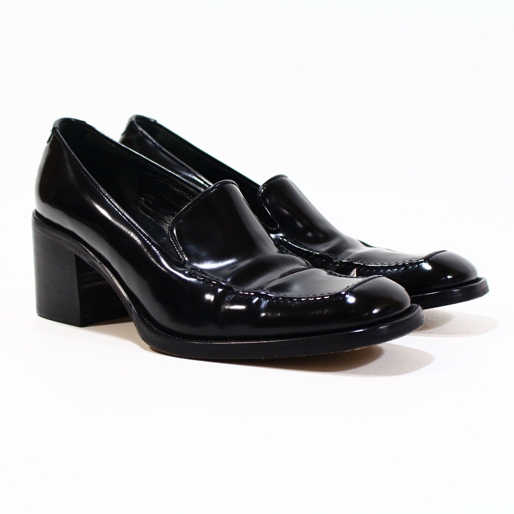 Via Spiga Black Patent Leather Block Heel Loafers